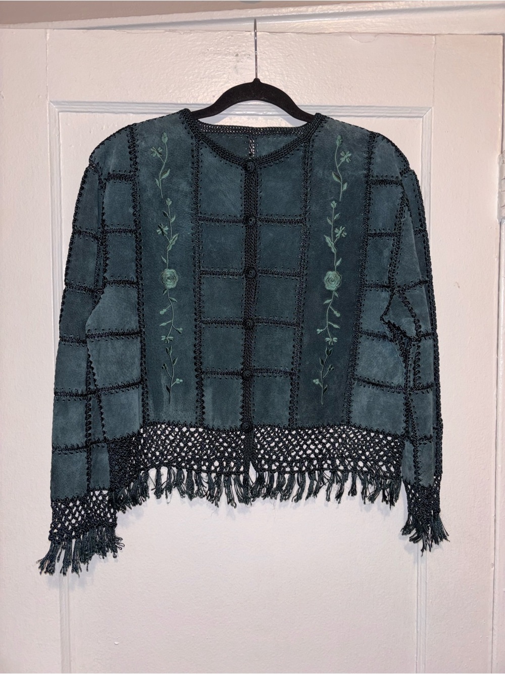 VTG Green Blue Leather Jacket Boho Crochet Patchwork Hippie Western S/M *Read